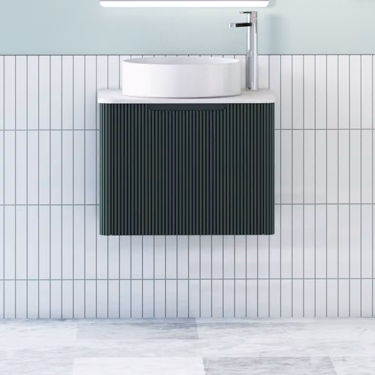 Royal Bathrooms Avenza Wall Hung Vanity Unit in Moss Green with Plain White Worktop and Art Round Basin