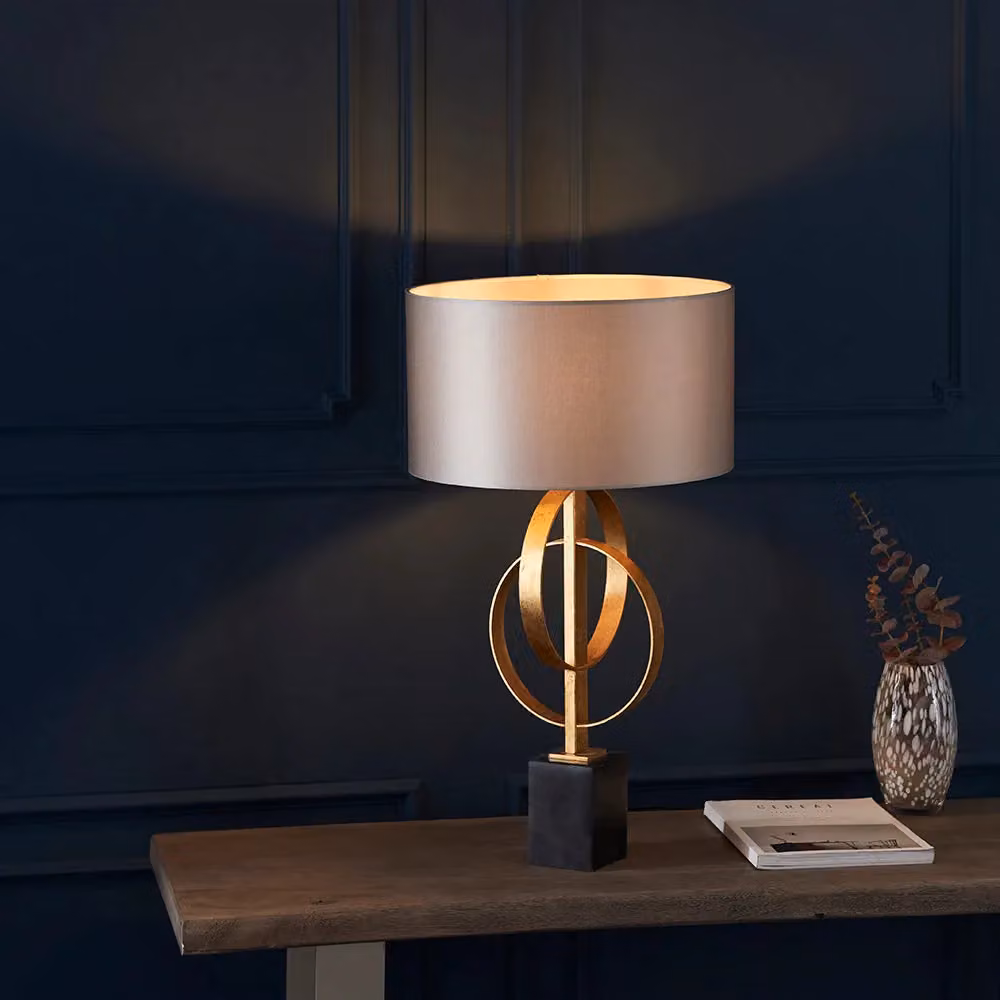 Loops 2 Pack Antique Gold and Black Marble Table Lamps with Mink Satin Shades – 2