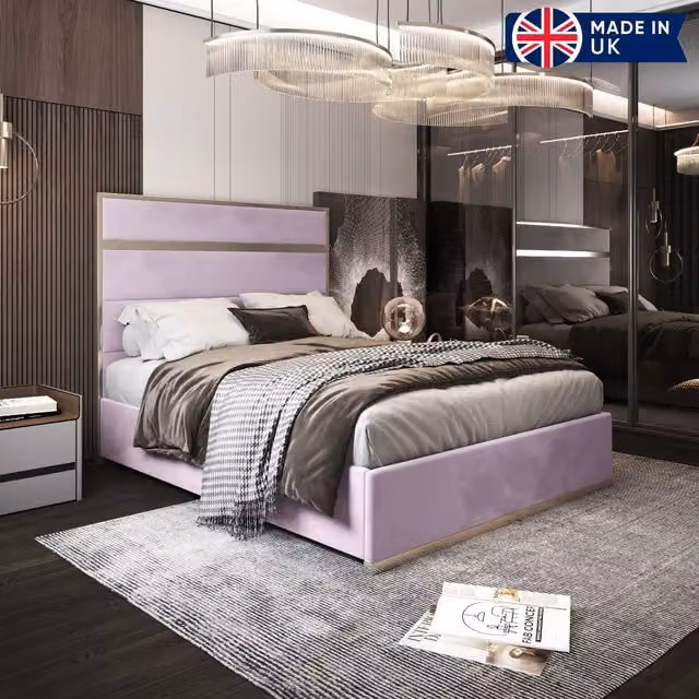 KDMD Comfyzone Upholstered Soft Velvet Metal Designer Bed Frame in Pink, W/D/H: 140 x 200 cm – 1