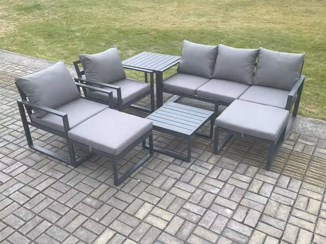 Fimous 7 Seater Aluminium Outdoor Lounge Sofa Set with Coffee Table, 2 Armchairs and 2 Ottomans in Dark Grey