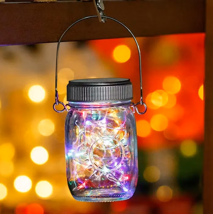 Leaper Pack of 2 Mini Solar Mason Jar RGB LED String Lights with Dusk Sensor, Transparent Glass and Copper Finish – 7