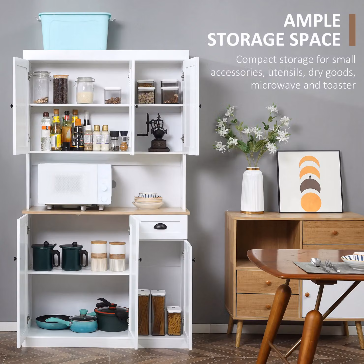 HOMCOM Freestanding Kitchen Cupboard Storage Cabinet with Hinged Doors and Internal Shelves in White – 3
