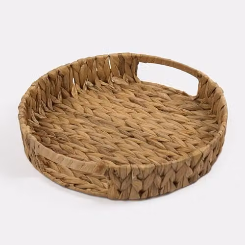 OHS Round Seagrass Wicker Serving Tray with Handles in Beige and Sand, Diameter: 32 cm, Height: 6 cm
