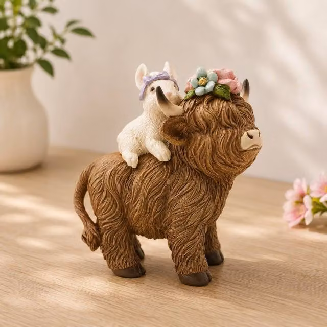 Country Living Spring Bunny Riding Highland Cow Tabletop Decoration in Brown – 1