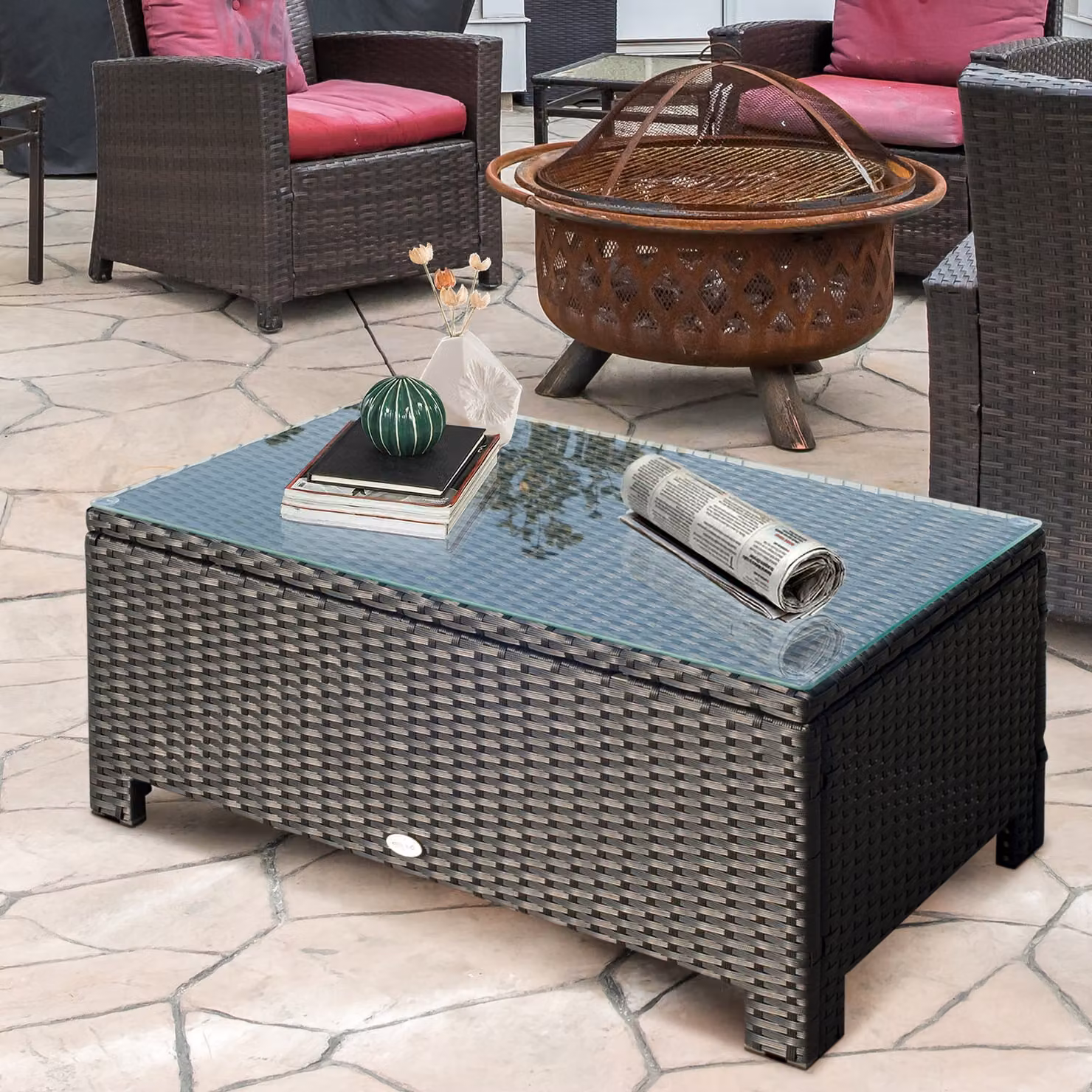 Outsunny Rattan Garden Coffee Table with Tempered Glass and Powder Coated Steel Frame in Black and Grey – 1