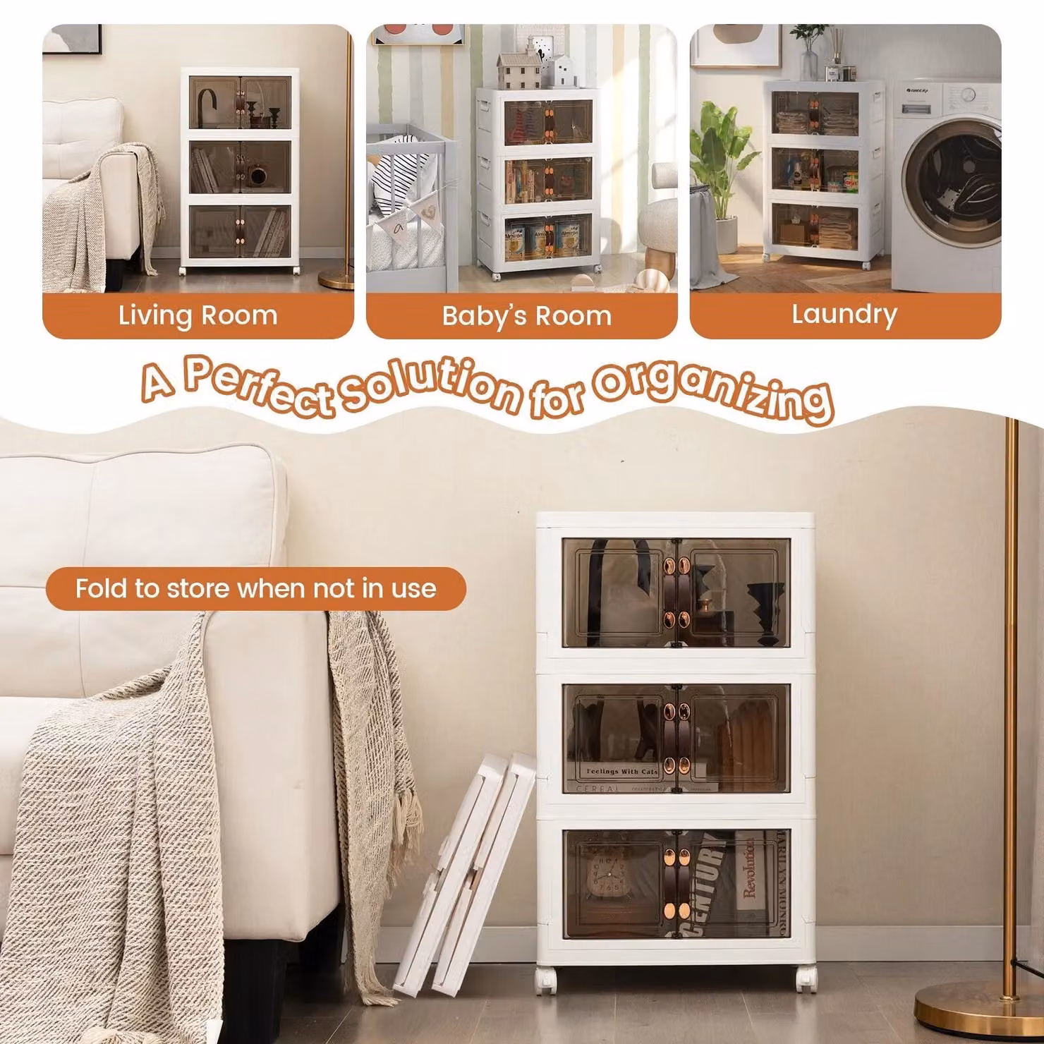 Costway 3 Pack Stackable Folding Storage Cabinets with Lockable Wheels and Glass Doors in White – 5