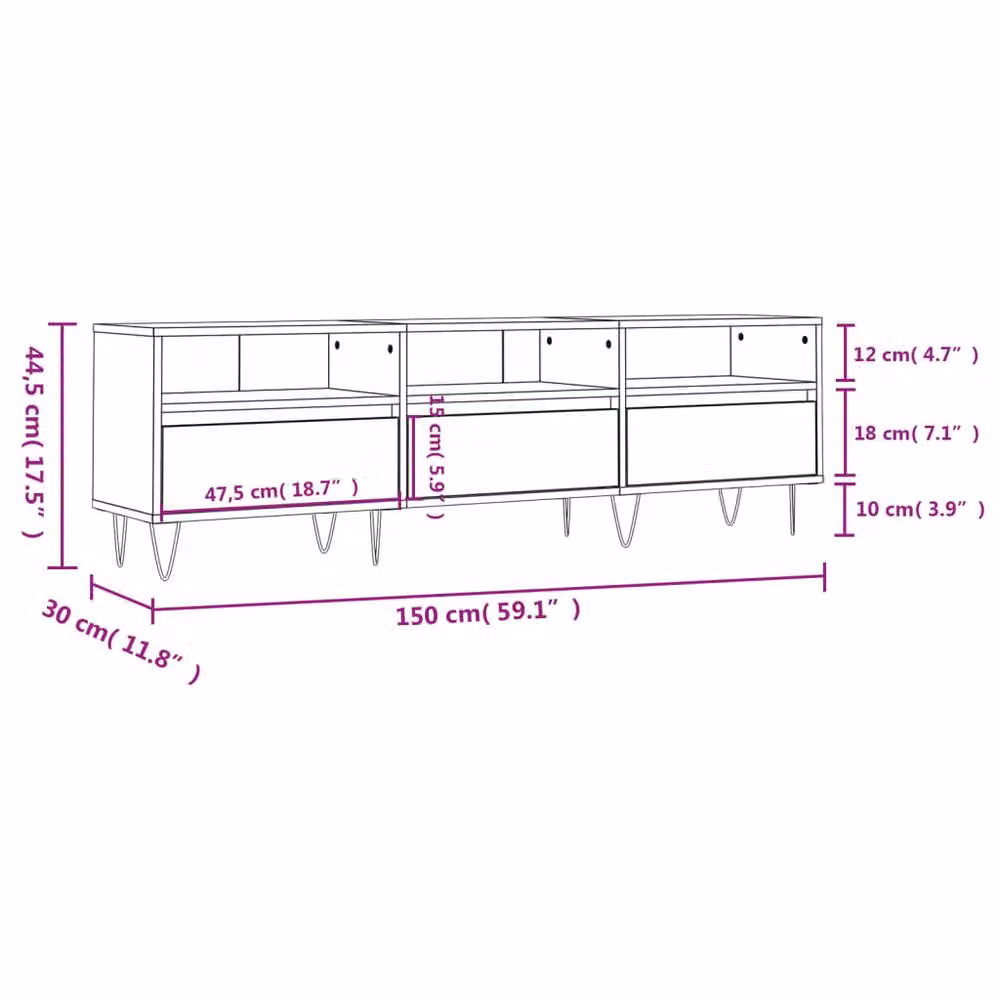 Berkfield Home Grey Sonoma TV Cabinet in Engineered Wood W/D/H: 150 x 30 x 44.5 cm – 3