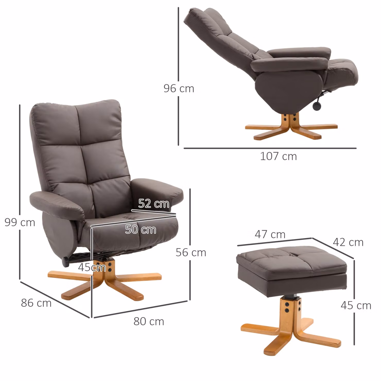 HOMCOM Brown Faux Leather Swivel Recliner Chair with Ottoman and Storage, Modern Wooden Base Armchair – 3