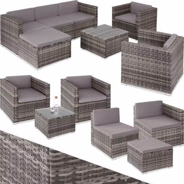 tectake Lignano Grey Rattan Garden Furniture Set with 6 Seats and 1 Table