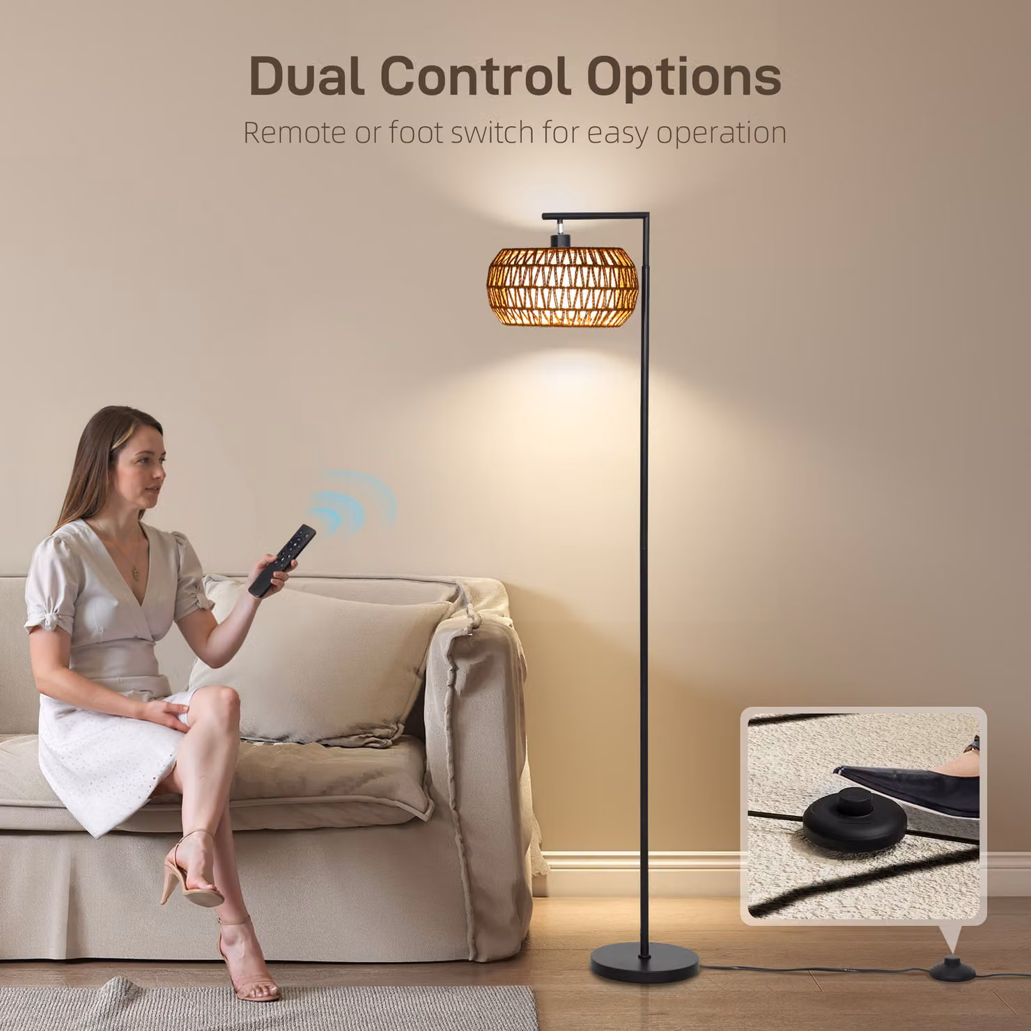 HOMCOM Boho Dimmable Rattan Floor Lamp with Remote Control and Timer, Black, H 170 x W 33 cm – 4