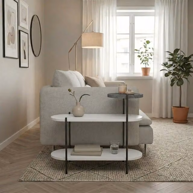 Decortie Somo 3-Tier Display Side Table with Oval and Round Shelves, White, H 63.5 x W 56.7 x D 25.5 cm