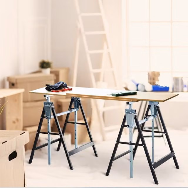 HOMCOM Set of 2 Black Steel Telescopic and Foldable Builders Trestle Saw Horses