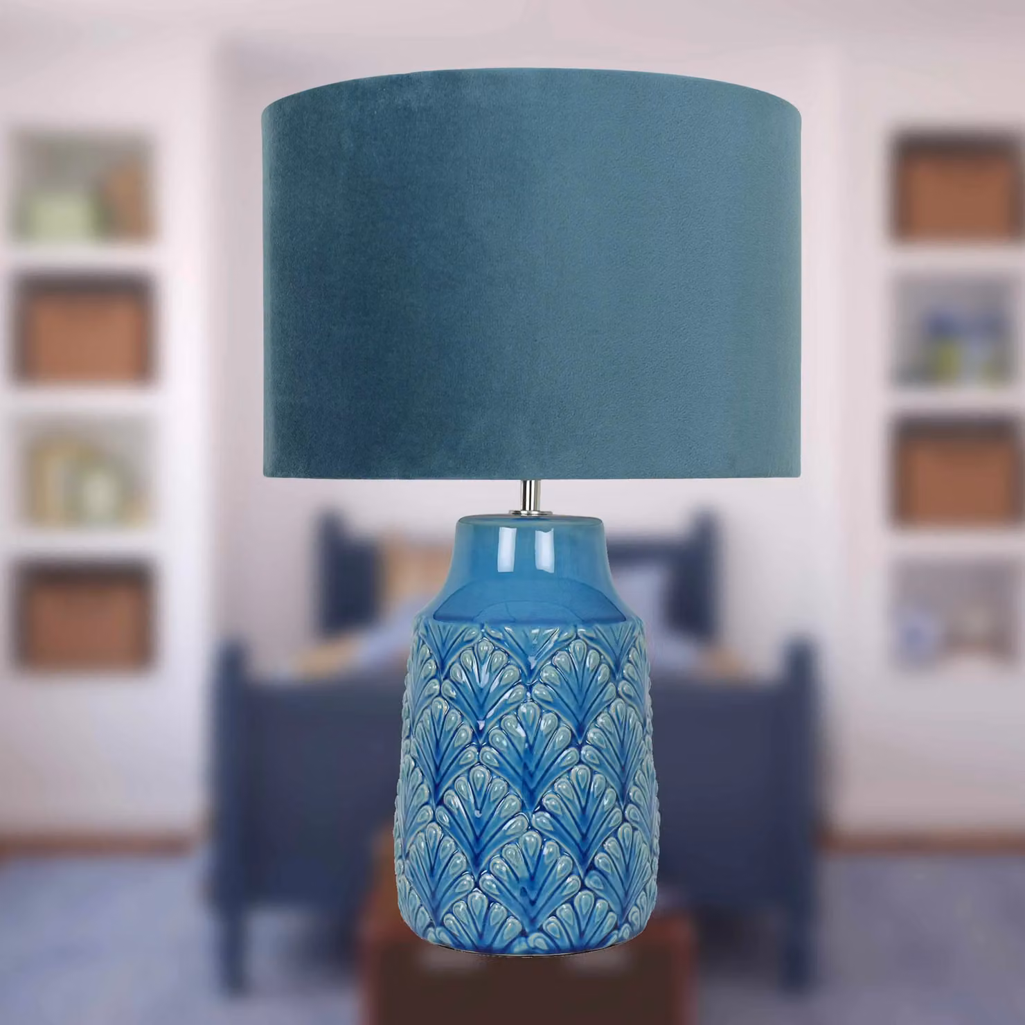 First Choice Lighting Peacock Glazed Ceramic Table Lamp with Teal Fabric Shade – 3