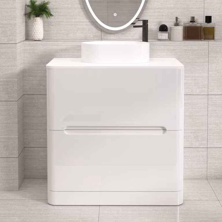 Royal Bathrooms Venice 800mm Gloss White Floor Standing 2 Drawer Vanity Unit with Plain White Worktop and Peak Basin