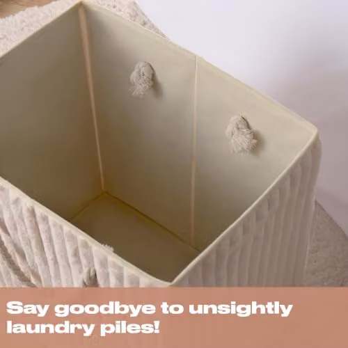 OHS Collapsible Ribbed Faux Fur Laundry Basket with Lid and Handles, Beige, W: 45 cm, D: 49 cm, H: 31 cm – 2