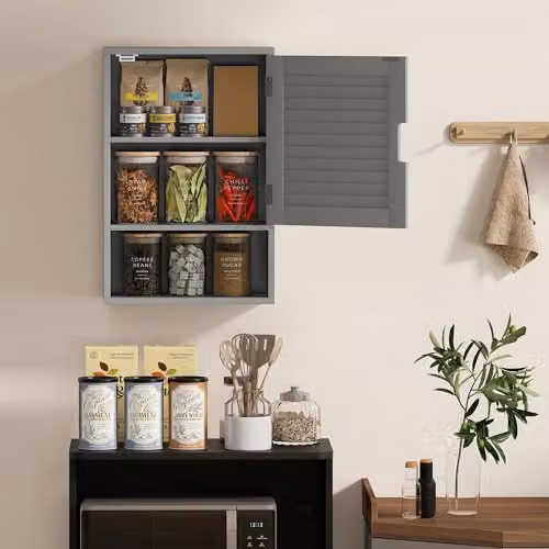 HOMCOM Modern Grey Wall Mounted Bathroom Cabinet with Roll Shutter and Internal Shelves W: 40 cm, D: 20 cm, H: 60 cm – 4