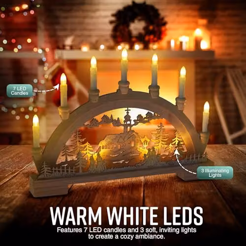 GloBrite Christmas Candle Bridge with 10 Multicolour LED Lights, Battery Operated Wooden Tabletop Candle Arch for Home Decor – 2