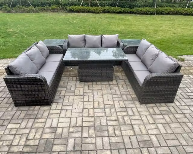 Fimous Dark Grey Rattan Garden Dining Set with Height Adjustable Table and 2 Side Tables