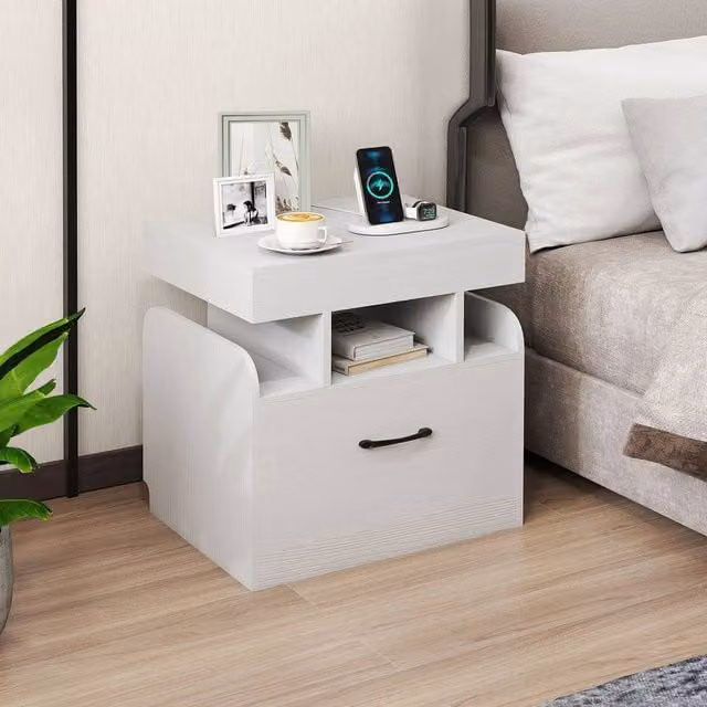 Costway Modern Wooden Nightstand with Drawer and Charging Outlets in White – 1