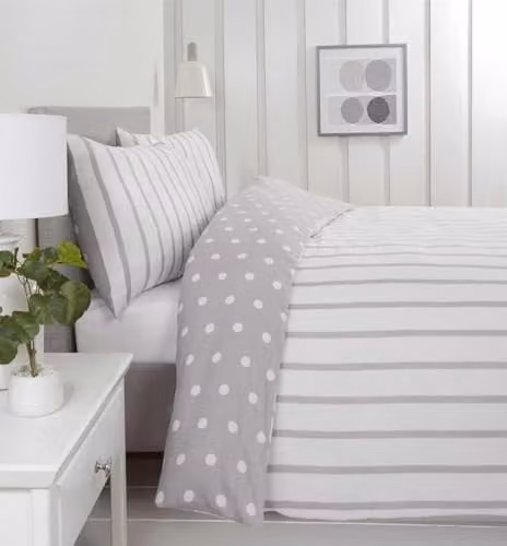 Rapport Home Spots and Stripes Brushed Microfibre Duvet Cover and Pillowcase Set, Grey, Duvet Cover: 200 x 220 cm, Pillowcase: 50 x 75 cm
