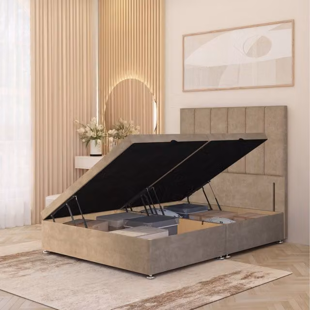 Somnior Beds Ltd Austin Plush Velvet Ottoman Bed with Floor Standing Headboard in Beige, Small Single, W/D/H: 90 x 190 x 92 cm