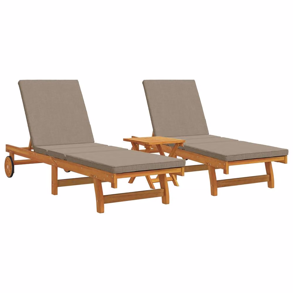 Berkfield Home Set of 3 Foldable Sun Loungers in Brown Acacia Wood with Taupe Fabric – 2