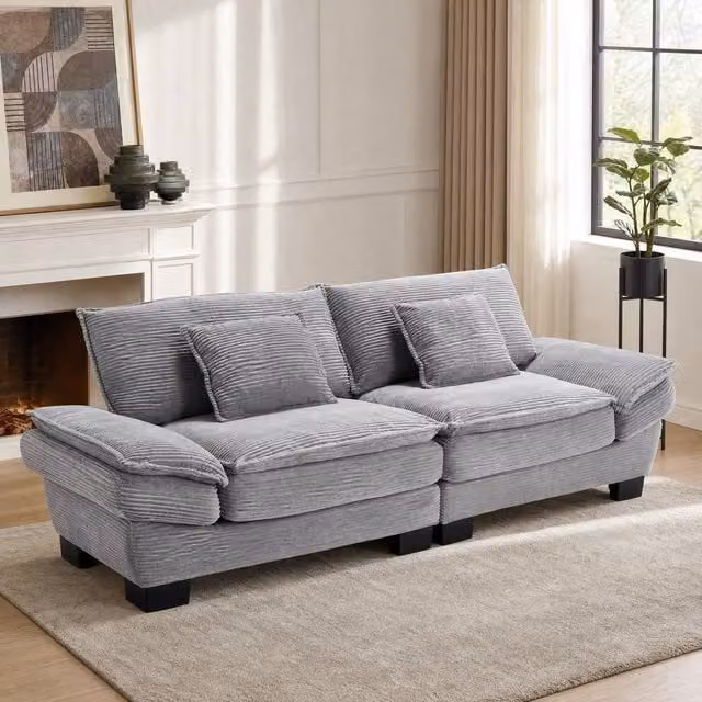 STILVORA 2 Seater Modern Corduroy Upholstered Sofa in Grey with Scatter Cushions, W/D/H: 224 x 81 x 100 cm – 1