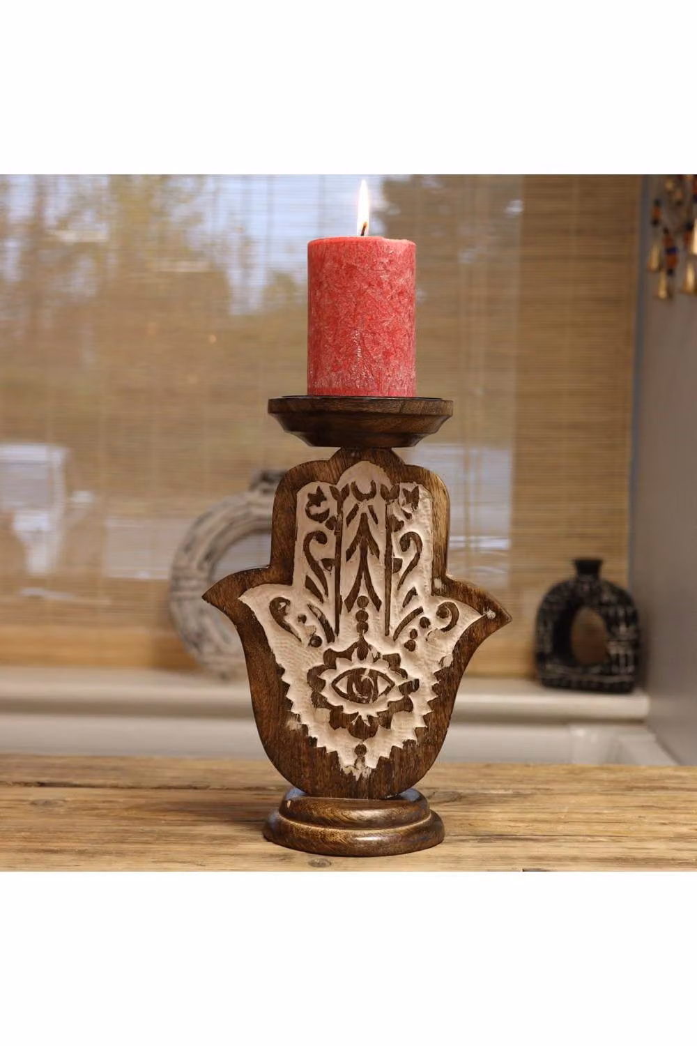 KDMD Elegant Mango Wood Hamsa Pillar Candle Stand, Brown, W/D/H: 25 x 18 x 25 cm – 3