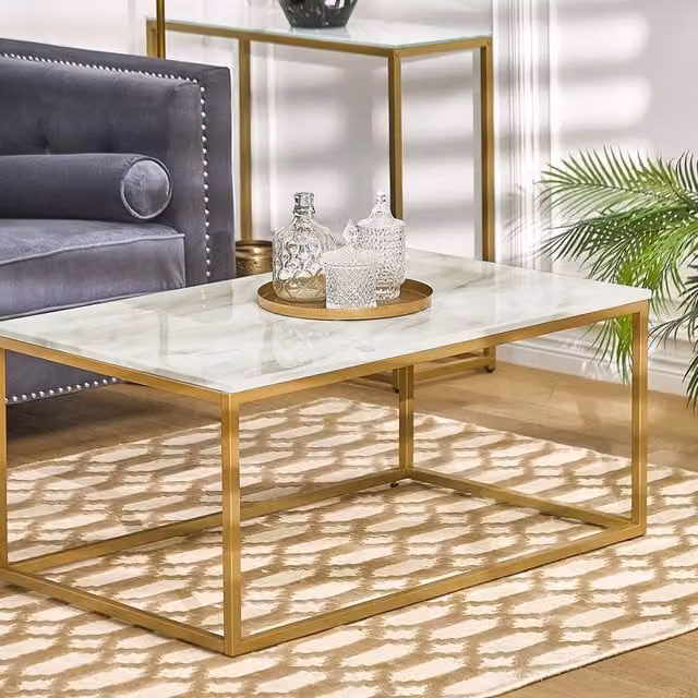 Wyld Haus Beige Marble Effect Coffee Table with Gold Legs W: 100 cm, D: 60 cm