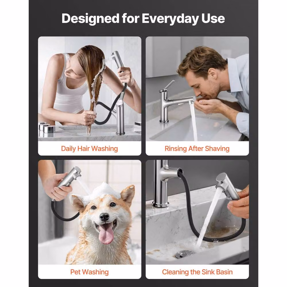 VEVOR Single Lever Kitchen and Bathroom Sink Faucet with Pull Out Spout in Brushed Nickel Silver – 5