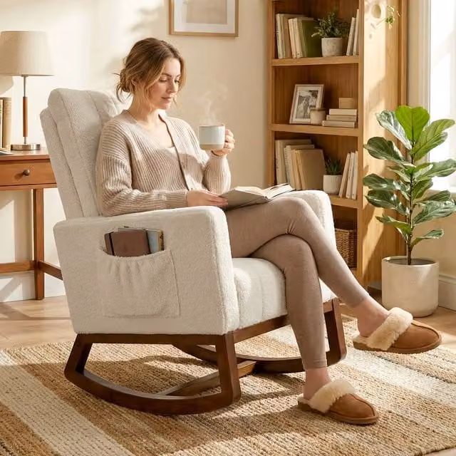 HOMCOM Bouclé Lounge Rocking Chair for Adults in White