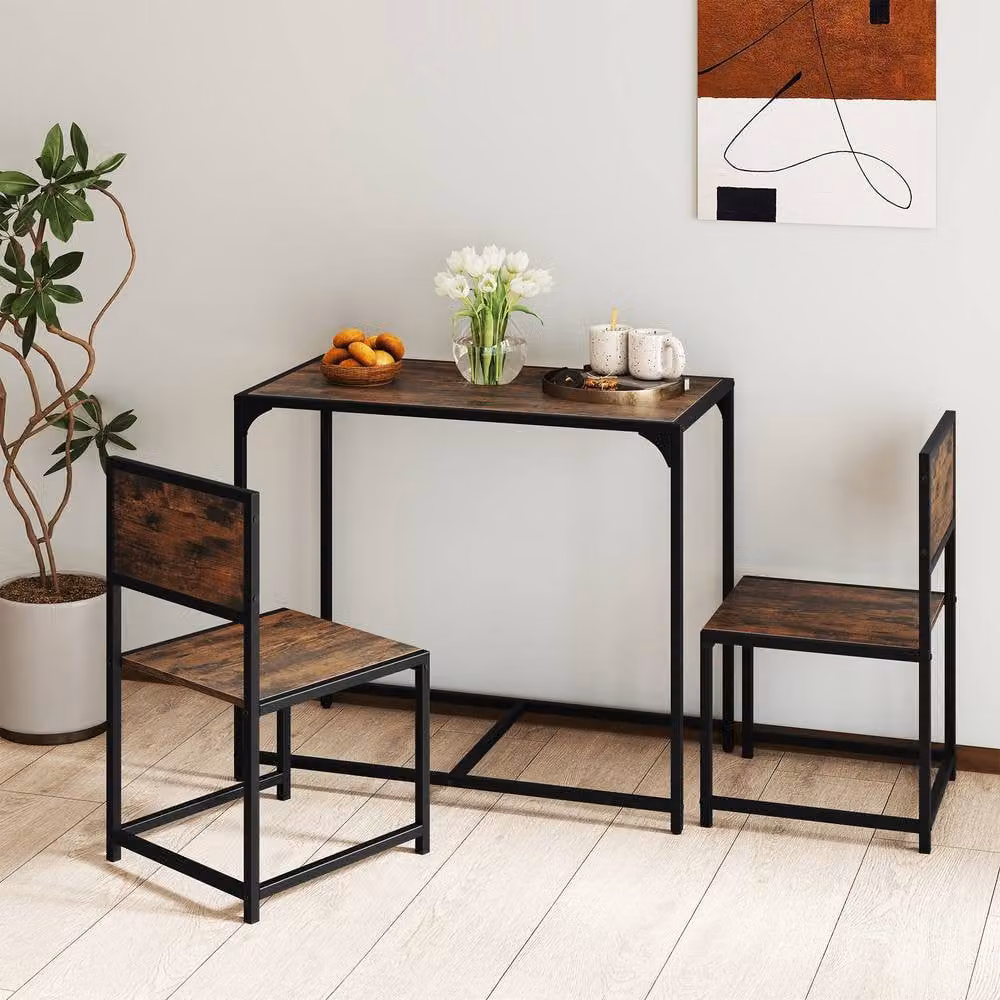 Costway 3 Piece Industrial Dining Set with Rectangular Kitchen Table and 2 Chairs in Brown – 8