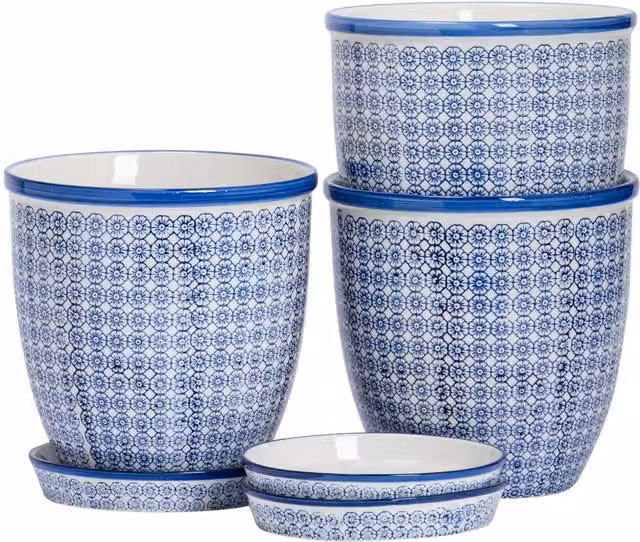 Nicola Spring Hand-Printed Ceramic Plant Pots with Saucers, Blue, Pack of 3, Diameter: 20.5 cm