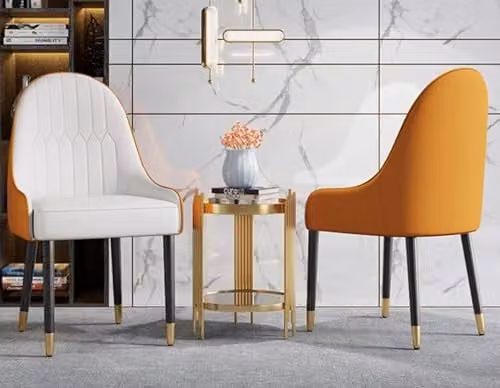 HYGRAD BUILT TO SURVIVE 2 Piece Set of Modern Accent Armchairs in White and Orange with Fire Resistant PU Leather and Black Metal Legs with Gold Accents