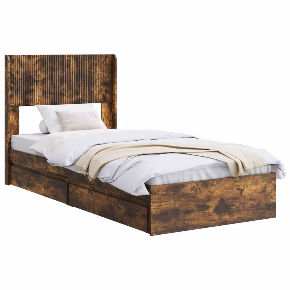 Berkfield Home Bed Frame with Storage and Headboard in Smoked Oak Brown, W: 75 cm, L: 190 cm – 2
