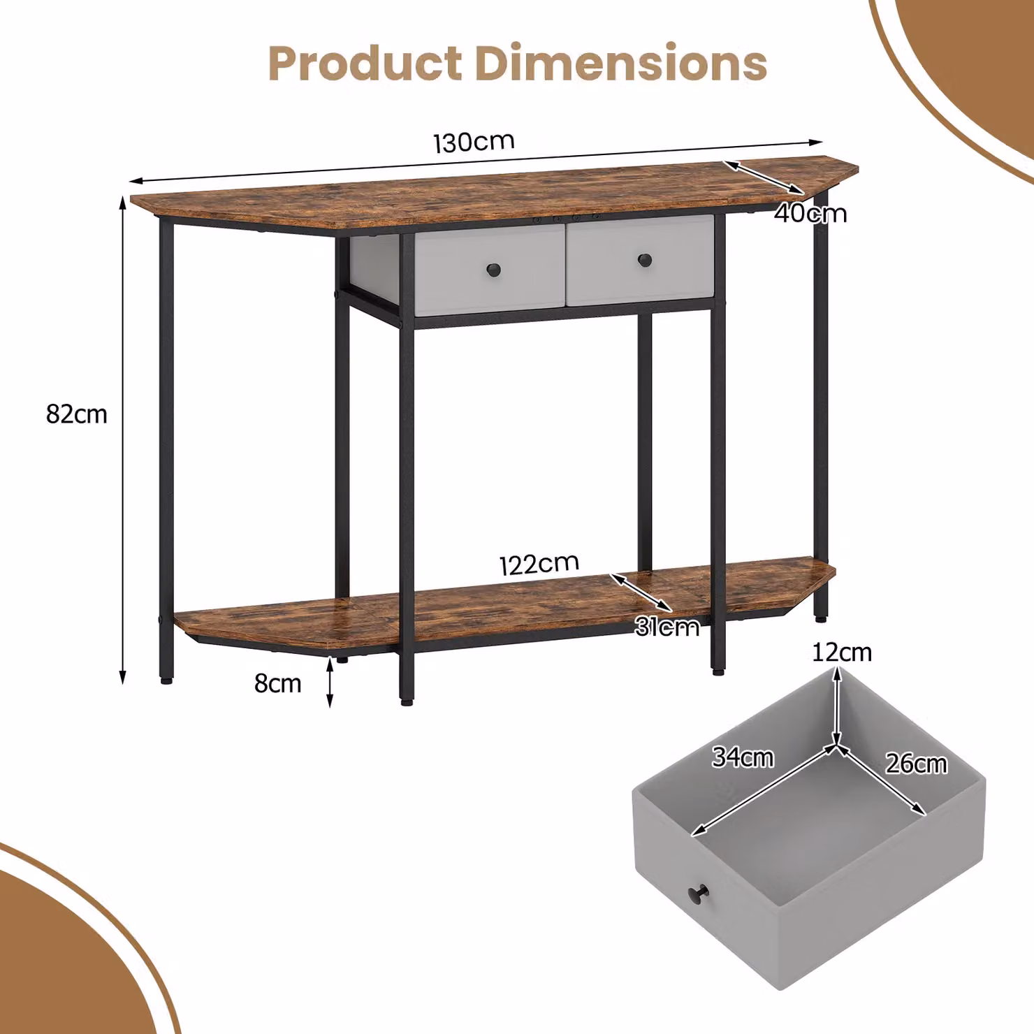 Gymax 2-Tier Industrial Console Table with 2 Drawers, Brown – 2