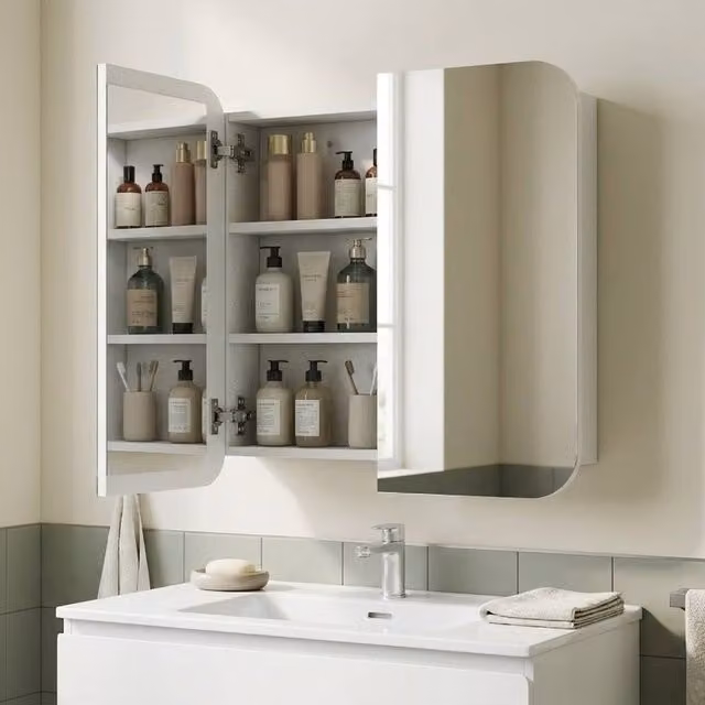 STILVORA Modern White Wall-Mounted Mirror Cabinet with Glass Doors and Internal Shelves
