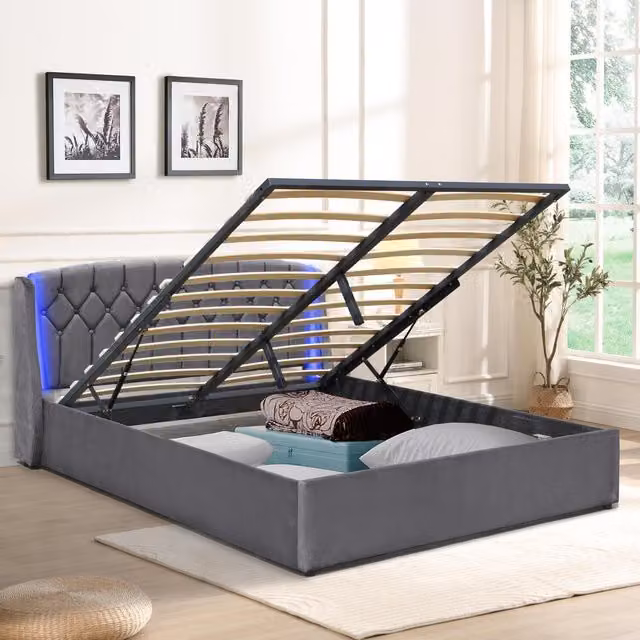 Comfy Living Upholstered Fabric Gas Lift Bedframe with LED Headboard and Under-bed Lighting, Grey, 180 x 200 cm