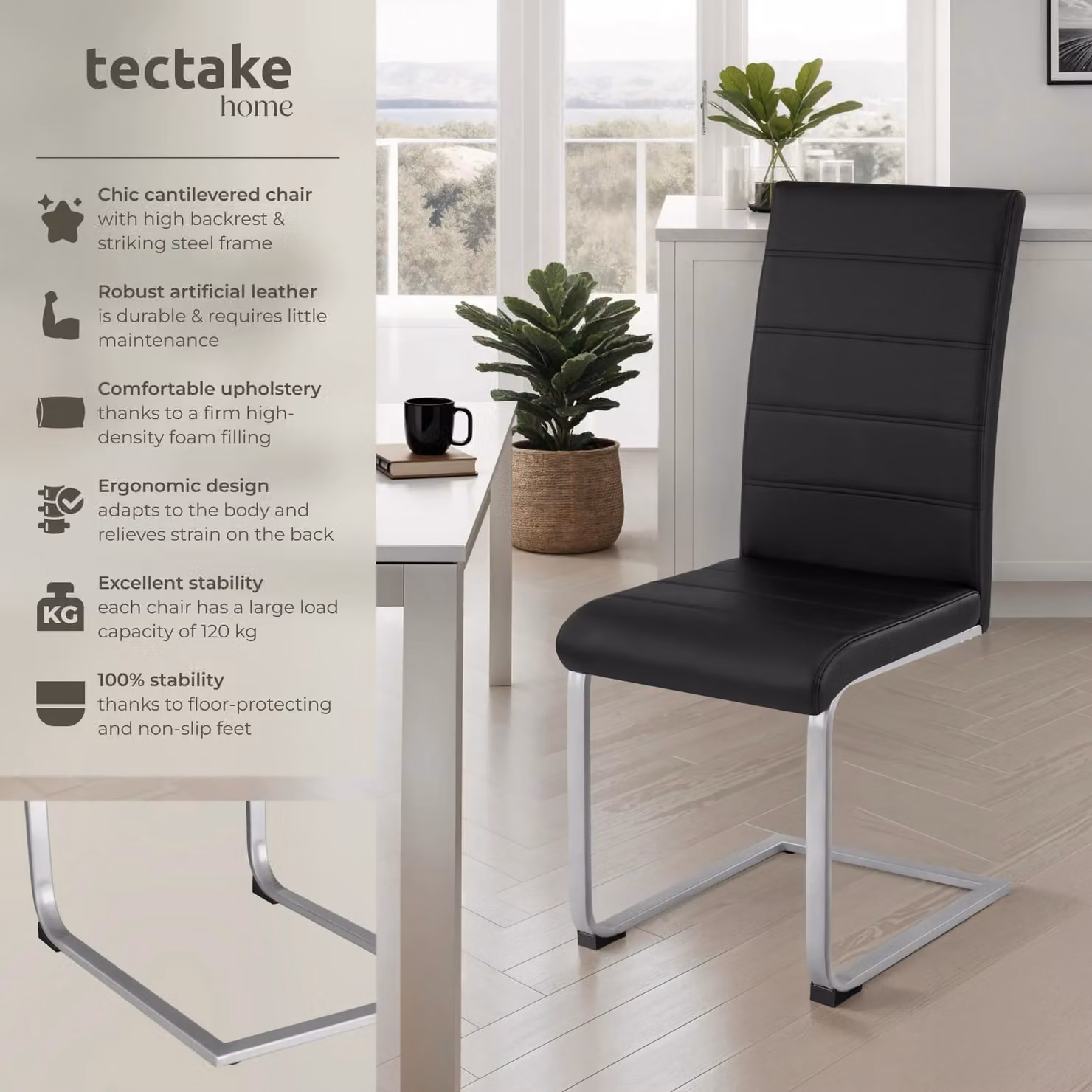 tectake Bettina Set of 4 Dining Chairs in Black Synthetic Leather with Metal Cantilever Base – 2