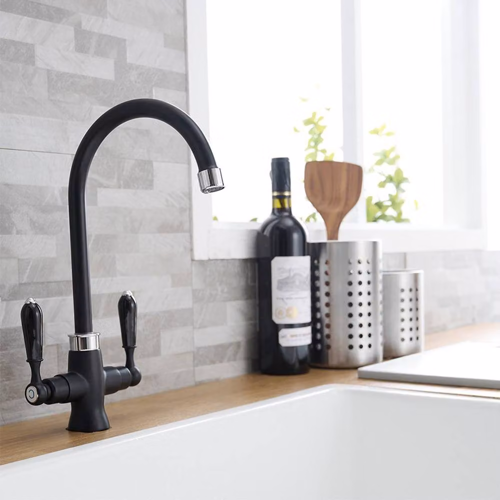 Heable Elegant Matte Black Dual Lever Monobloc Kitchen Sink Mixer Tap with Swivel Spout – 2