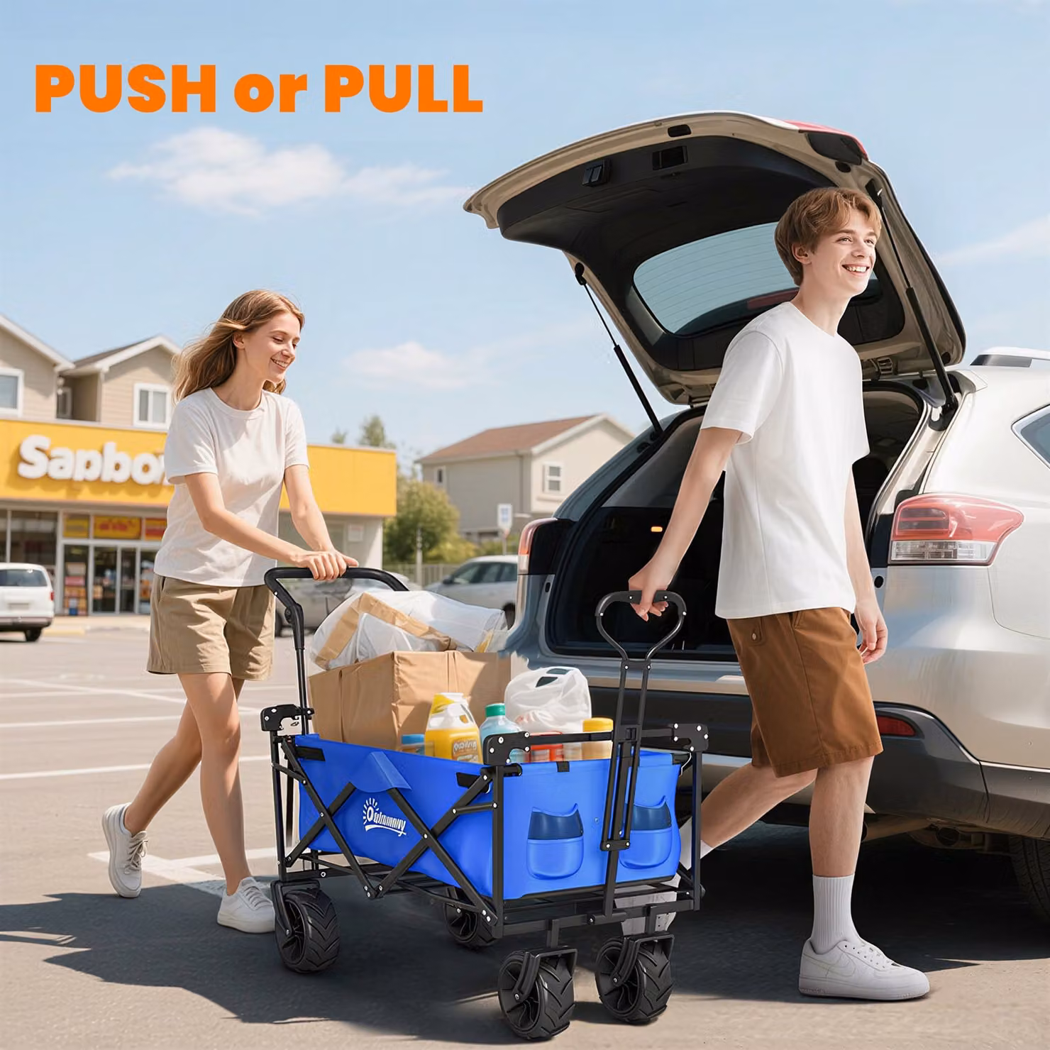 Outsunny Folding Trolley Storage Wagon with Canopy and Handle in Blue – 5