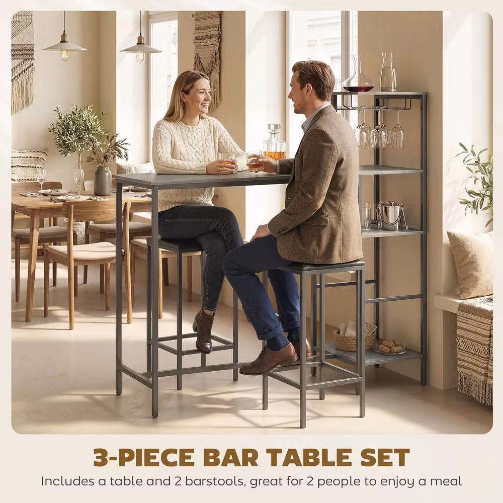 HOMCOM 3-Piece Breakfast Bar Table and Stools Set with 4-Tier Shelving in Grey – 3