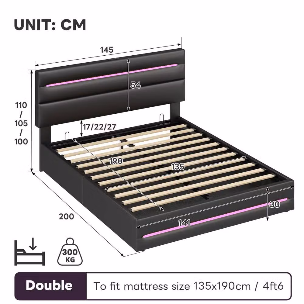 Merax Faux Leather Upholstered Ottoman Bed with LED Lighting and USB Charging Port in Black, W/D/H: 140 x 200 cm – 6