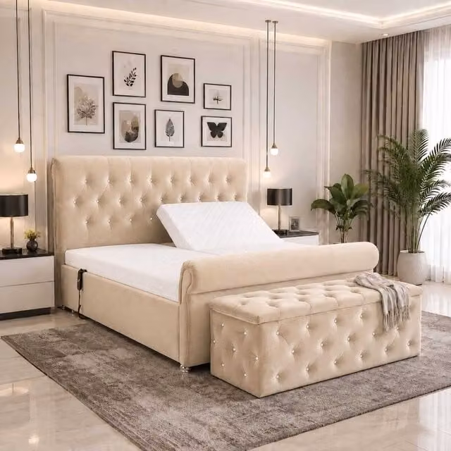 K Mehmood Enterprise Ltd Harmony Adjustable Motorised Mobility Bed with Foam Mattress, Headboard and Footboard in Silver, Yellow or Beige