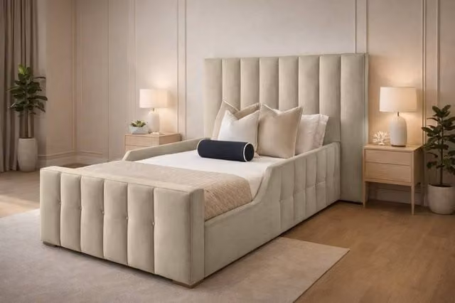 Paradise Beds Ltd Single Wooden Upholstered Kids Bed Frame with Headboard in Beige Velvet Fabric, W/D/H: 90 x 190 cm