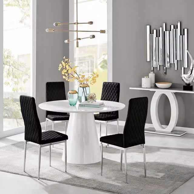 FurnitureboxUK Palma White High Gloss Round Dining Table and 4 Black Velvet Milan Chairs