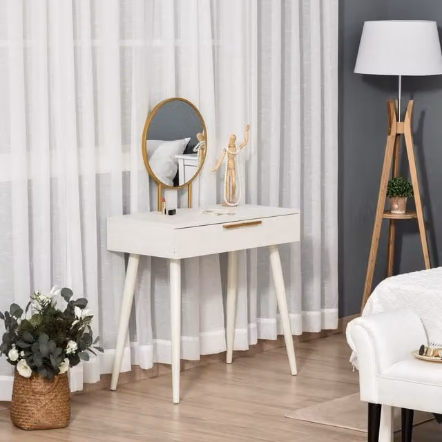 HOMCOM Modern Dressing Table with Round Mirror and 2 Drawers in White – 1