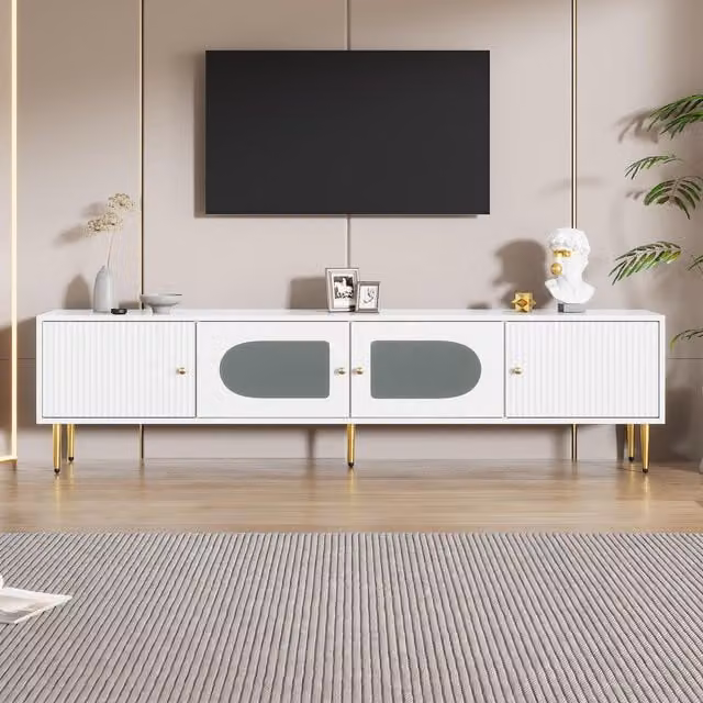 Aosom UK White Modern TV Stand with 2 Glass Doors and Metal Support Legs, W: 170 cm, D: 35 cm, H: 50 cm
