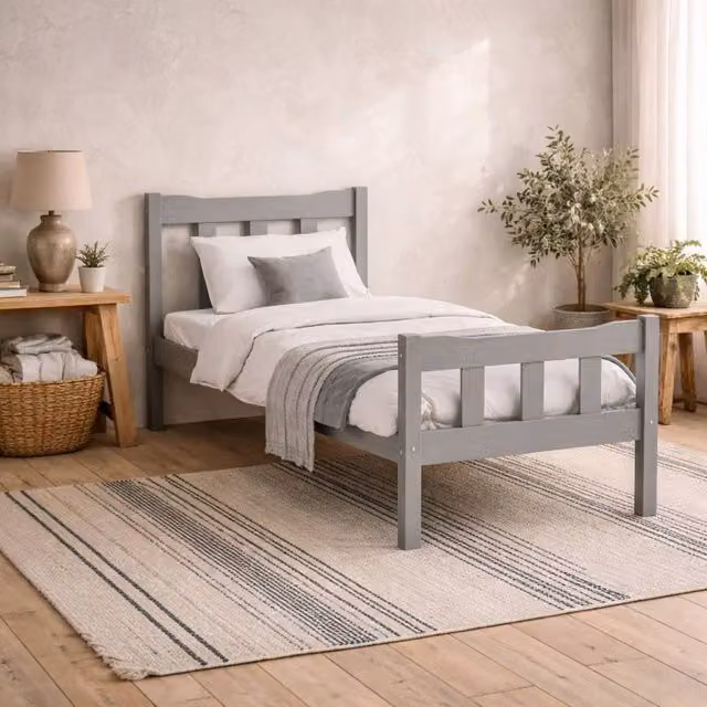 Wyld Haus Grey Washed Solid Pine 3ft Single Bed with Panelled Headboard and Footboard W/D/H: 90 x 190 x 91.44 cm