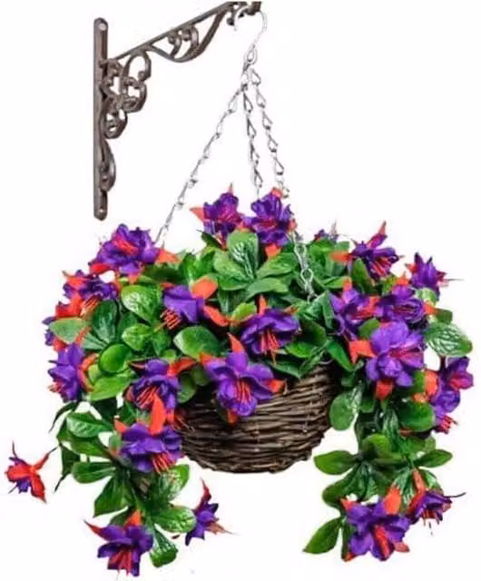 Primrose Artificial Fuchsia Flowers in a Purple and Green Rattan Hanging Basket, Diameter: 25 cm – 1